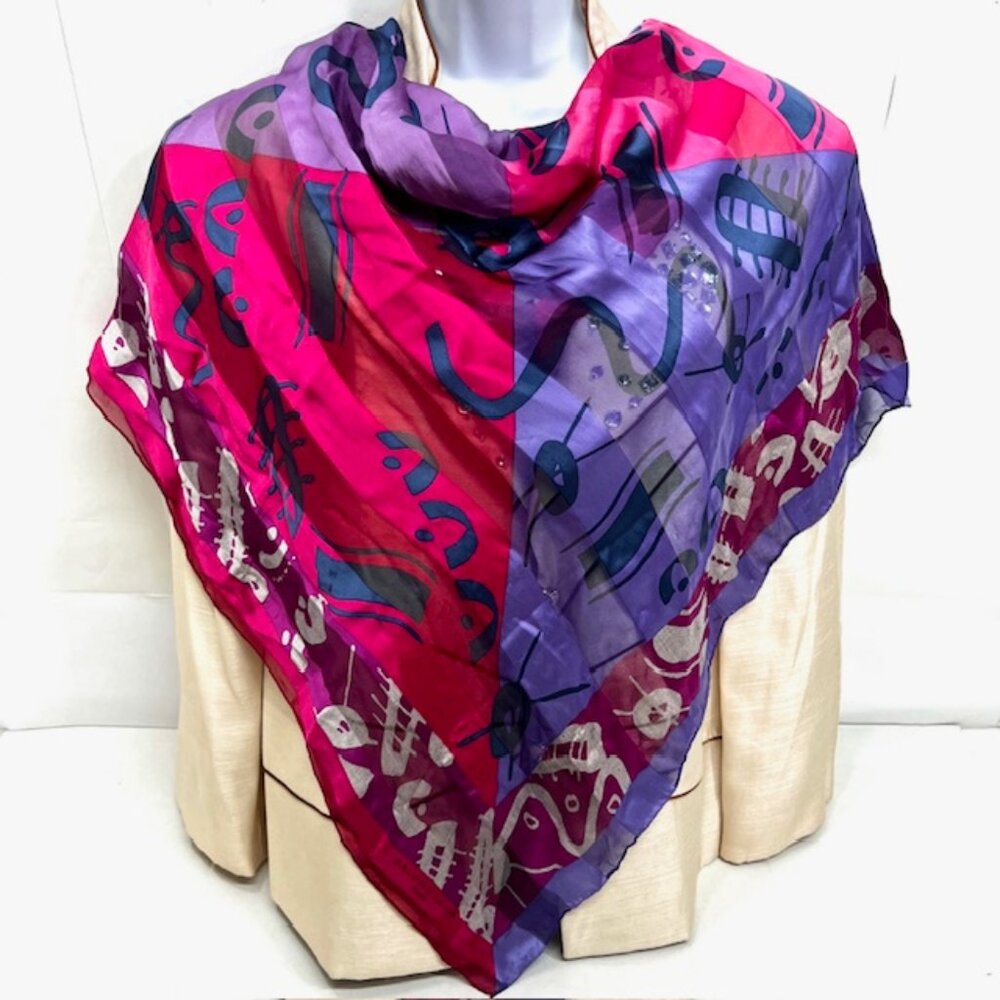 Vgt  BALENCIAGA Paris "PINK PURPLE FLORAL" 100% Silk Chiffon Satin Scarf  33"(44 - Picture 2 of 12